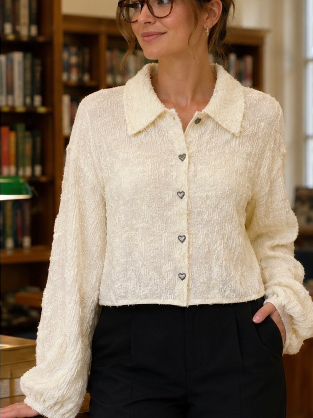 POL Cream Textured Teddy Button-Up Jacket